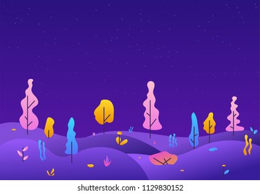 City park lawn and trees. Flat style line vector illustration. Futuristic landscape of other planet. Retro gradient colors and kids style illustration. Starry night and purple trees.