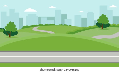 City park with a lawn and trees flat style. Green park with plant environmental and lush grass on a background of town with skyscrapers high buildings. Vector illustration