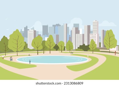 City park lawn and trees, small pond or fountain and abstract people figure. Flat style vector. On background business city center with skyscrapers. Green park vegetation in center of big town. - Shutterstock ID 2313086809