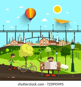 City Park Life with Bridge and Town on Background. Vector.