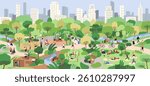 City park life. People on bikes, walking, jogging and exercising on grass outdoors on summer holiday. Urban parkland landscape with lanes, playground, trees, buildings. Flat vector illustration.