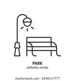 Ícone da linha do parque. Ilustração vetorial de banco e lâmpada de rua. Traçado editável.