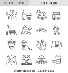 City park line icon set. Vector collection with ice cream truck, woman with child, swan, bicycle, dog, runner, playground, fountain, street food, bench. Editable stroke.