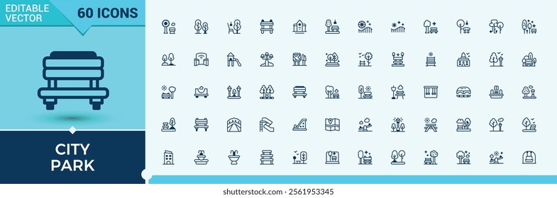 City Park line icons set. Icons lake, bridge, transport, business, travel, city, style, urban. Symbol. Solid line editable stroke. Vector line and solid icons.