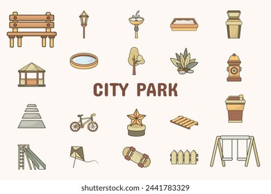 City Park Lineal Color Vector Illustration Icon Sticker Set Design Materials