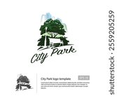 City Park logo template with a tree and bush silhouette, negative space of park bench and park lamp, and a silhouette of skyscraper.