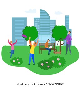 City Park Man Bench with Notebook Boy Play with Father Dog Walk Leash Vector Illustration. Male Freelance Student Work Family Outdoors Activity Weekend Picnic Nature Recreation Relaxation