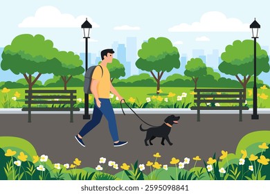City park, a man with a dog walks in a beautiful city park against the backdrop of benches, lanterns, trees, flowers, green grass and city buildings. A walk in the park of a modern metropolis.