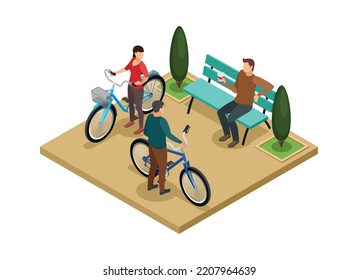 City park with man drinking coffee on bench and people with bicycles isometric composition 3d vector illustration