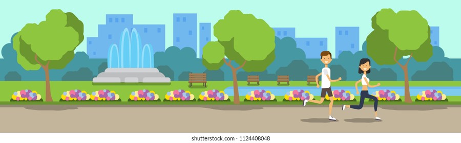 city park man woman activities running green lawn flowers fountain trees cityscape template background banner flat vector illustration