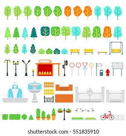 Vektorelemente von Stadt- und Parkplan in flachem Design mit Baum, Busch, Bank, Schaukel, Lampe, Station, Ampel, Schildern, Zeiger, Bulletin-Tafel, Springbrunnen, Zaun, Hecke, Blüte für Infografik-Design