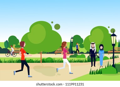 city park mix race arab couple walking relax wooden bench street lamp green lawn trees template background flat vector illustration