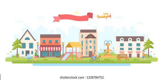 City park - modern flat design style vector illustration on white background. An image of recreation zone with small buildings, trees, cafe, playground with a slide, fountain, lanterns, active people