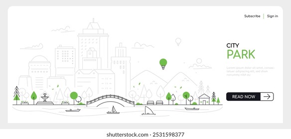 City park - modern thin line design style vector banner on white urban background. Composition with panorama of tall buildings, serene pond with sailboats. Bridge, embankment, benches and walking area