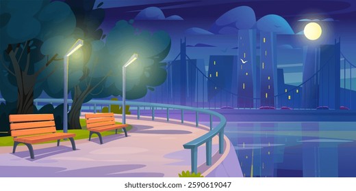 City park at night with benches, trees, street lamps and city skyline. Cartoon vector illustration for nature and urban life theme with distant buildings and peaceful atmosphere