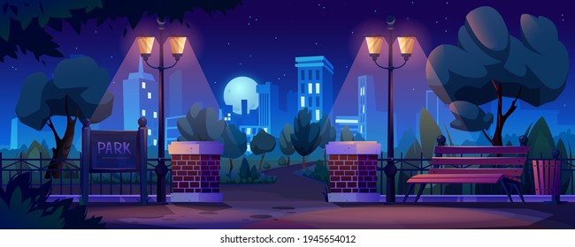 City park at night, cityscape panorama on background. Vector parkland outdoors elements at night-time, illuminated lamp posts, trees, grass and bushes, wooden bench, forged fence, street waste bin