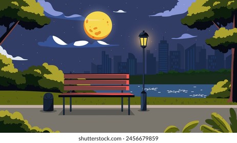 City park at night scene concept. Wooden bench near light pillar and trashan. Spring or summer lake scene. Beautiful natural panorama and landscape. Poster or banner. Cartoon flat vector illustration