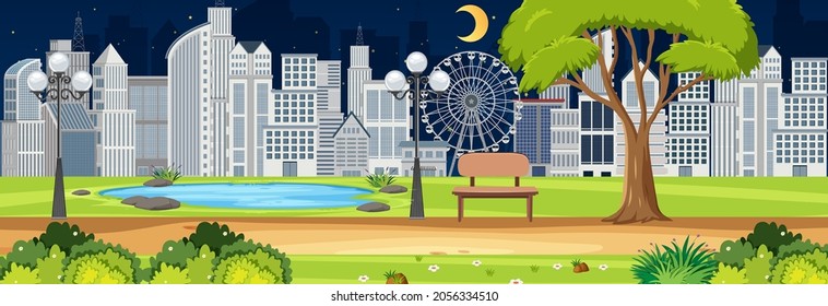 City Park At Night Time Horizontal Scene Illustration