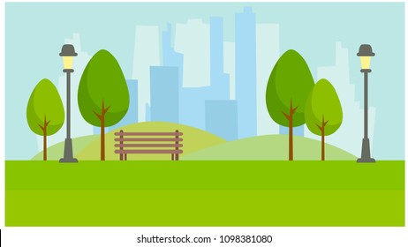 City Park on the background of skyscrapers. Lights, trees, bench. Vector 2D illustration