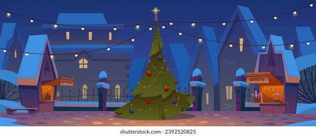 City park on Christmas Eve. Christmas tree decorated with garlands, winter evening, Christmas market with hot drinks and sweets. Empty winter park, silhouettes of houses. Vector cartoon illustration