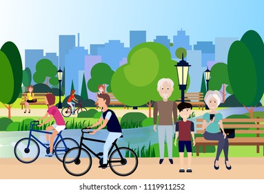 city park outdoors grandparents wooden bench street lamp river man woman cycling green lawn trees on city buildings template background flat vector illustration