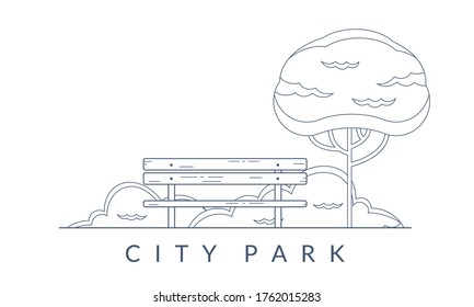 City park outline background. Garden landscape with bench and tree. Public park emblem. Vector illustration.