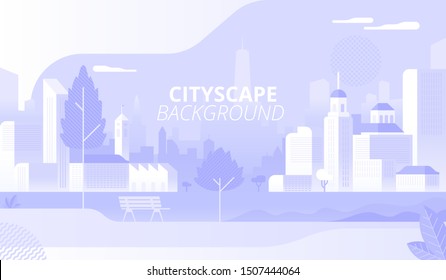 City park panorama decorative background design. Modern cityscape, architecture flat banner template. Empty street with no people. Urban landscape, skyline vector illustration with typography