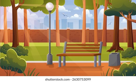 City park panorama. Wooden bench near lamp post. Beautiful natural panorama and landscape. Spring or summer sunny day. Urban walkway park. Flat vector illustration
