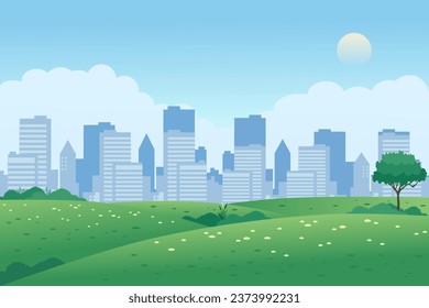 City park panoramic landscape with green grasslands, meadow, and buildings in background.