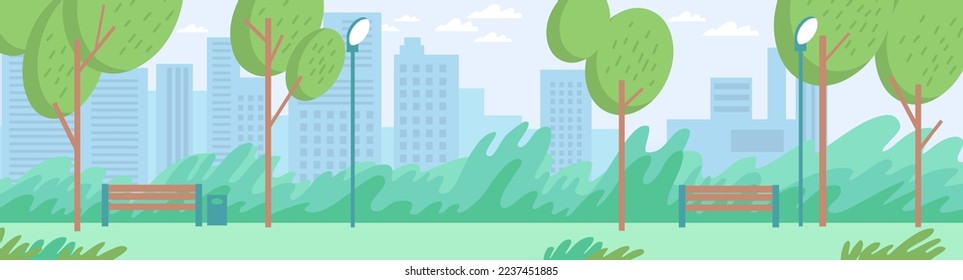 A city park with a path, benches, trees, lanterns and bushes. Trees on the background of the city with large houses. Horizontal banner. A green park area in the center of a big city. Flat style vector