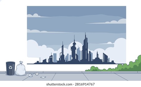 City park pathway with recycling bin and garbage bags in front of futuristic urban skyline mural backdrop.