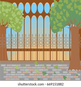 City park and pavilion with a fence in summer.
Vector hand drawing.