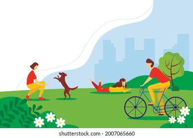 City park with people doing various activities. The concept of outdoor recreation. Summer vector illustration.