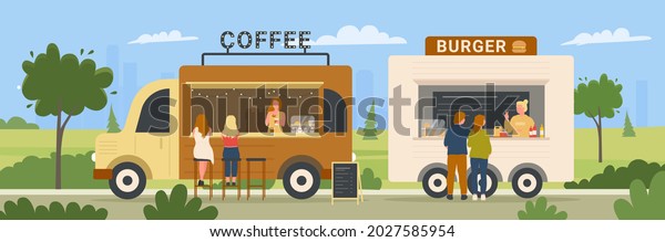 City park with people and fast food trucks
vector illustration. Cartoon woman man characters buy burgers and
coffee from vendors in mobile street cafe, shop wagon with fastfood
and drink background