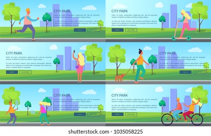 City park with people spending their leisure time set of posters. Vector illustration of males and females engaging in various recreational activities