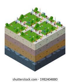 City park with people urban landscape Soil layers geological and underground beneath nature landscape isometric slice