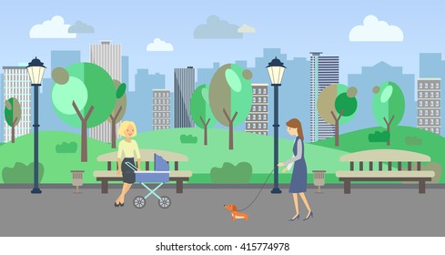 City park with people. Vector illustration.