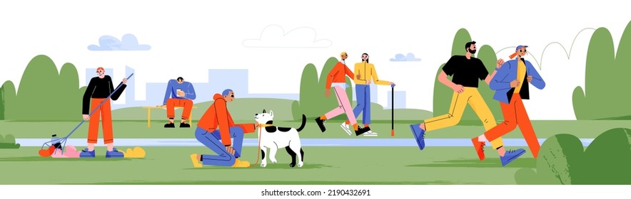 City park with people walking with dog, jogging, clean trash and sitting on bench with phone. Vector flat illustration of summer landscape with walkers and runners