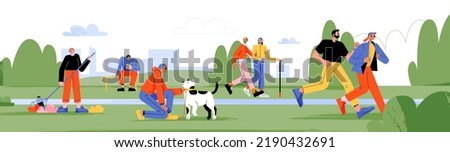 City park with people walking with dog, jogging, clean trash and sitting on bench with phone. Vector flat illustration of summer landscape with walkers and runners