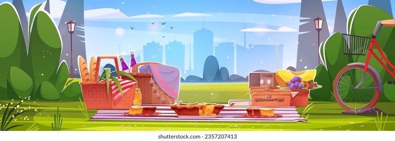 City park picnic with food in basket vector illustration. Hamper box with fruit, bread, juice, grapes and pie lunch meal setup on blanket. Bicycle on garden grass, falling petals and cityscape view