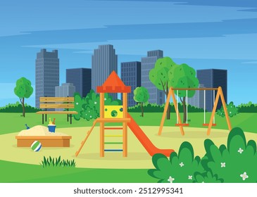 Parque da cidade com playground, árvores, arranha-céus ao fundo. Conceito de lazer e entretenimento.