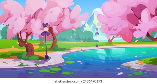 City park with pond and pink flowering sakura trees. Cartoon spring vector illustration of japanese cherry woods on banks of lake or river with stone pavement and lamps. Urban garden with blossom.