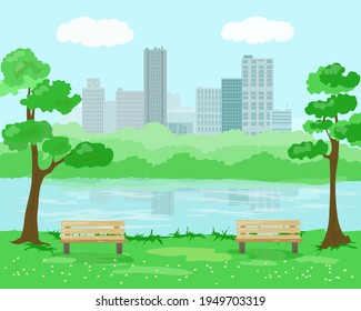 City park with a pond trees and benches on the background of skyscrapers