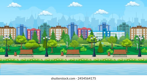 City park and pond, wooden bench, street lamp, waste bin in square. Cityscape with buildings and trees. Sky with clouds and sun. Leisure time in summer city park. Vector illustration in flat style