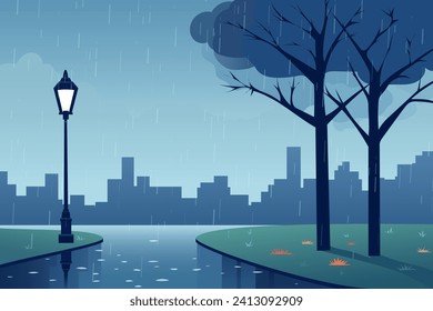 City park in rainy weather. Rain in the park. Pedestrian road with puddles, rain splashes and reflections against the background of green grass, a lantern, a tree and silhouettes of buildings.