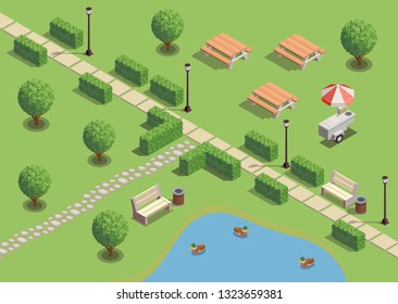 City Park Recreation Area Isometric Compositions With Path Pond Ducks Outdoor Furniture Lanterns Snack Vendors Vector Illustration