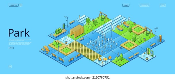 City Park, Recreational Eco Area Isometric Landing Page. Urban Garden With Benches, Trees, Kids Zone With Swings, Fountains,lanterns, Outdoor Cafe And Vending Machines, 3d Vector Line Art Web Banner