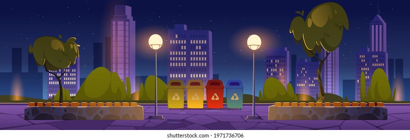 City park with recycle trash bins for separate garbage, wooden benches and town buildings on skyline. Vector cartoon night landscape of public garden with containers for sorting waste