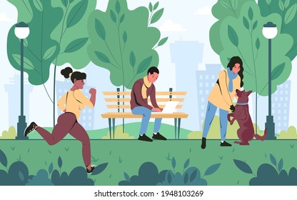 City park with relax people on bench, walk with dog, runner. Concept young woman and man for walk. Vector illustration.