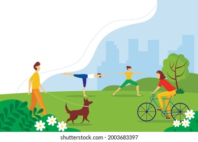 City park with relaxed people. People doing yoga, cycling, walking the dogs. Summer vector illustration. Vacation concept.